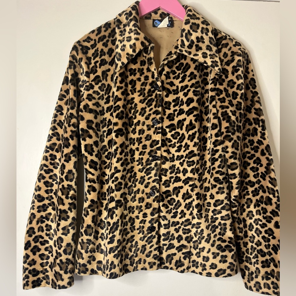 Vintage 90s Faux Fur Leopard Animal Print Jacket Meow Genes Shirt